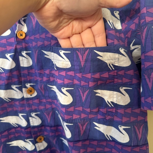 Vintage 90s Segrets Abstract Purple Bird Crane Print Shirt Med - Picture 3 of 8